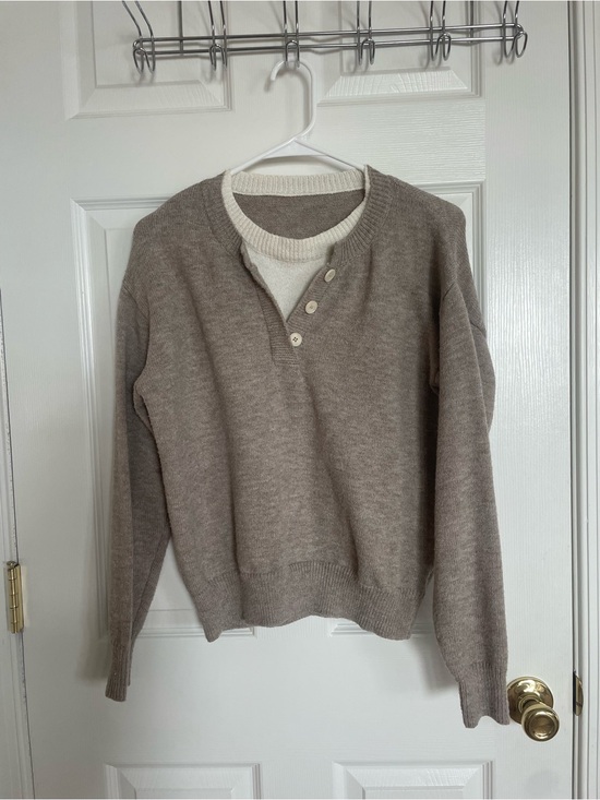 Amazon Sweaters - Amazon Women's Taupe Henley Crewneck Sweater with Cream Inner Collar